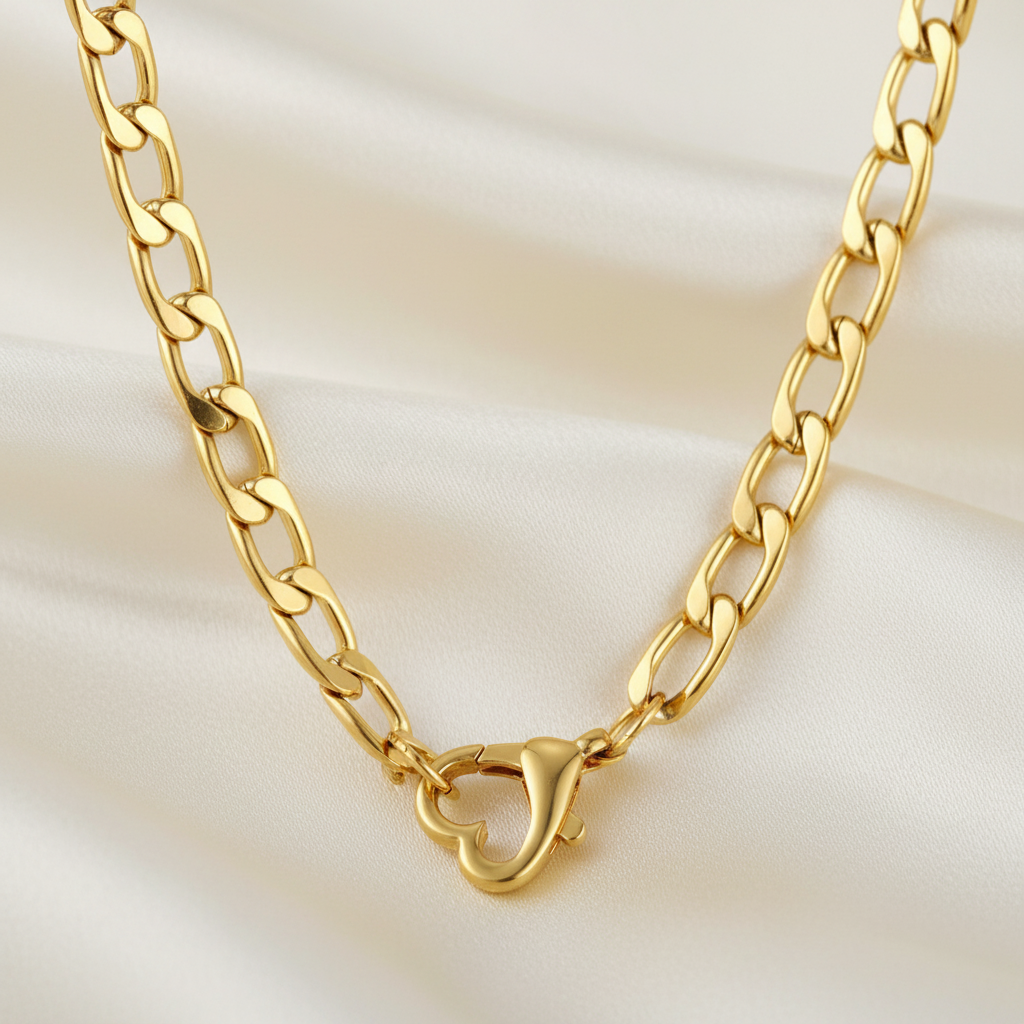 A gold-toned metal chain necklace with a heart clasp, shown against a plain white background.