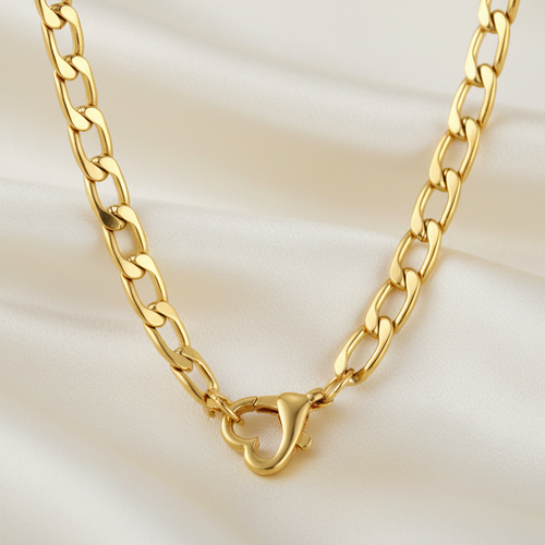 A gold-toned metal chain necklace with a heart clasp, shown against a plain white background.