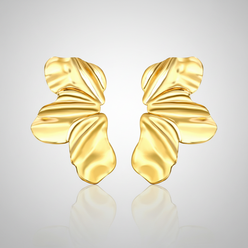 A pair of gold-toned, textured butterfly-shaped stainless steel, 18K gold PVD earrings with a polished, reflective finish, displayed on a clean white background.
