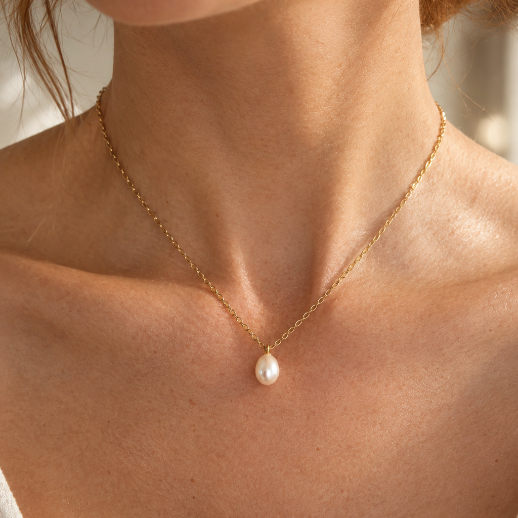 A close-up of a model's neck and chest wearing a delicate gold chain necklace with a single teardrop-shaped white pearl pendant.