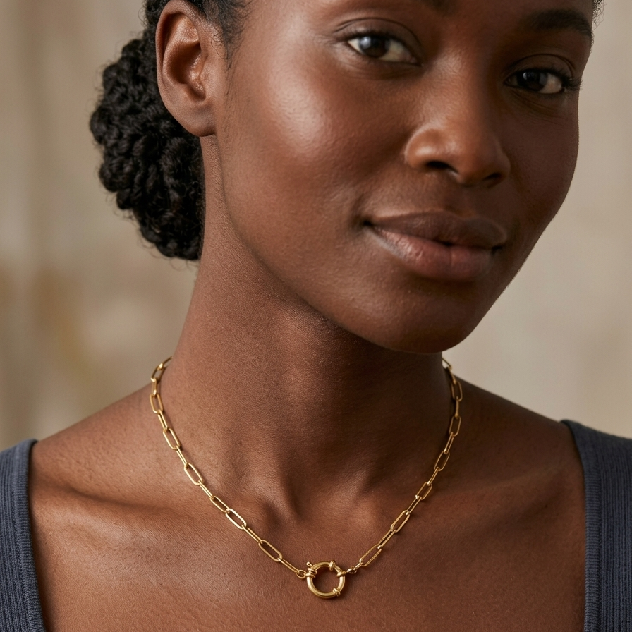 Woman wearing a stainless steel, 18k gold chain necklace  with circle clasp with a blurred background