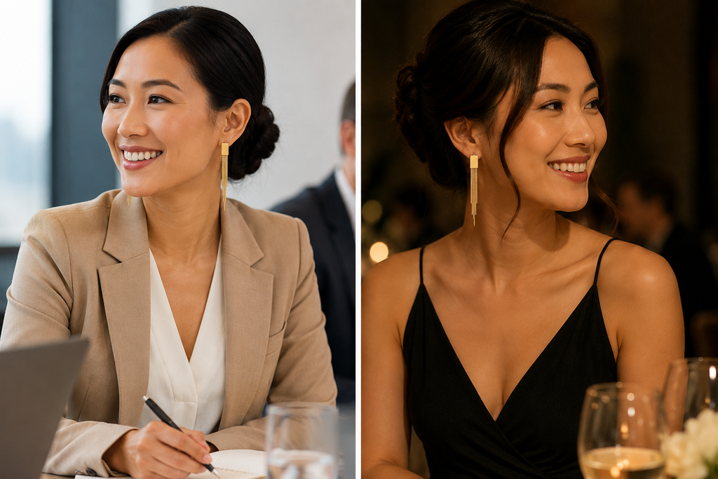 A split-screen lifestyle image showing a woman in two different settings. On the left, she is dressed for work wearing Vivienne Tassell stainless steel 18K PVD gold earrings.  On the right, she is wearing the same earrings with a black dress out for dinner