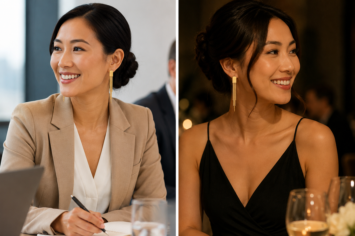 A split-screen lifestyle image showing a woman in two different settings. On the left, she is dressed for work wearing Vivienne Tassell stainless steel 18K PVD gold earrings.  On the right, she is wearing the same earrings with a black dress out for dinner